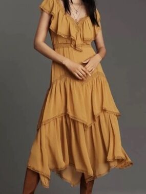 NWT- Anthropologie Mustard Ruffle Tiered High-Low Dress